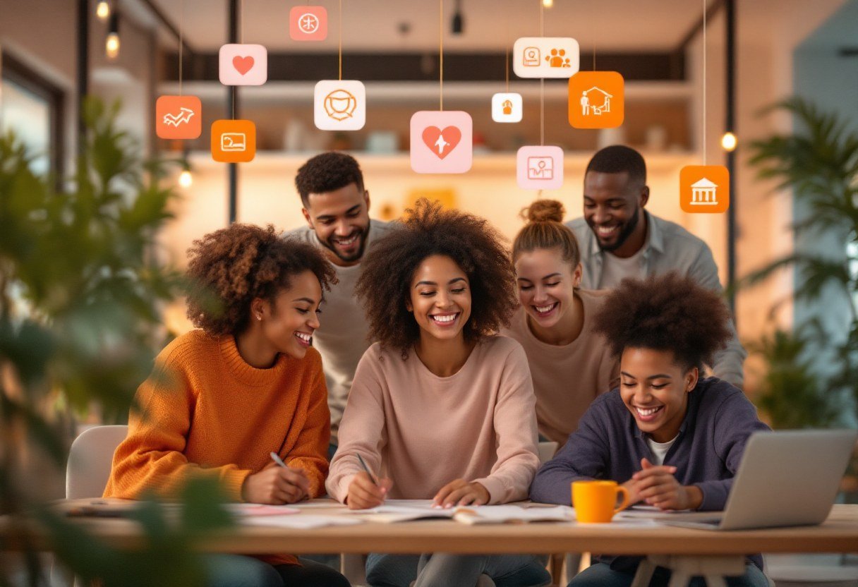 Equipe diversa colaborando em um espaço de trabalho, com ícones de benefícios sobrepostos