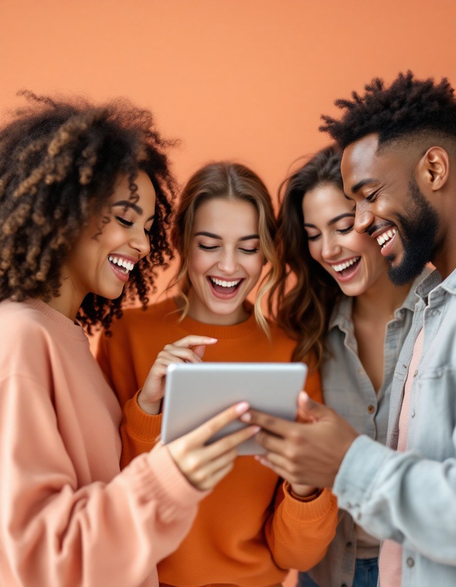 Grupo de colaboradores sorrindo ao redor de um tablet, sobre fundo laranja da marca The Hub