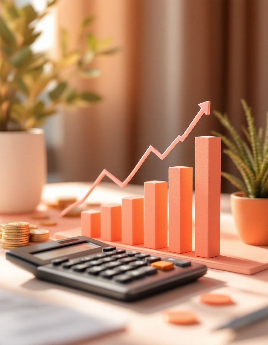 Gráfico de crescimento ao lado de calculadora e moedas, representando investimento acessível